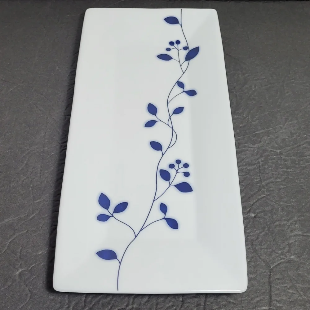 Crate and Barrel Blue Hana Flower Leaf and Vine White Rectangular Serving Plate